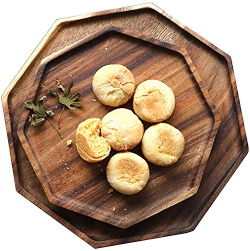 Set of 2 Acacia Wooden Octagon Square Trays Serving Bread Plates for Fruit Salad Platter Vegetable Food Dish