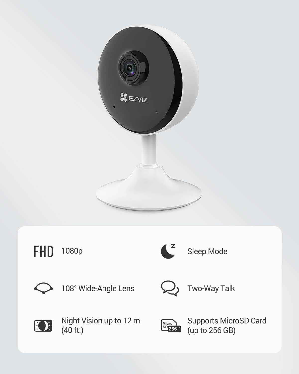 EZVIZ C1C-B WiFi Security Camera, Indoor Camera, 1080p Home Monitor Camera with 12m Night Vision, Two Way Talk, Wide Angle Lens, Sounds Alert, Sleep Mode, Motion Detection, Supports MicroSD Card