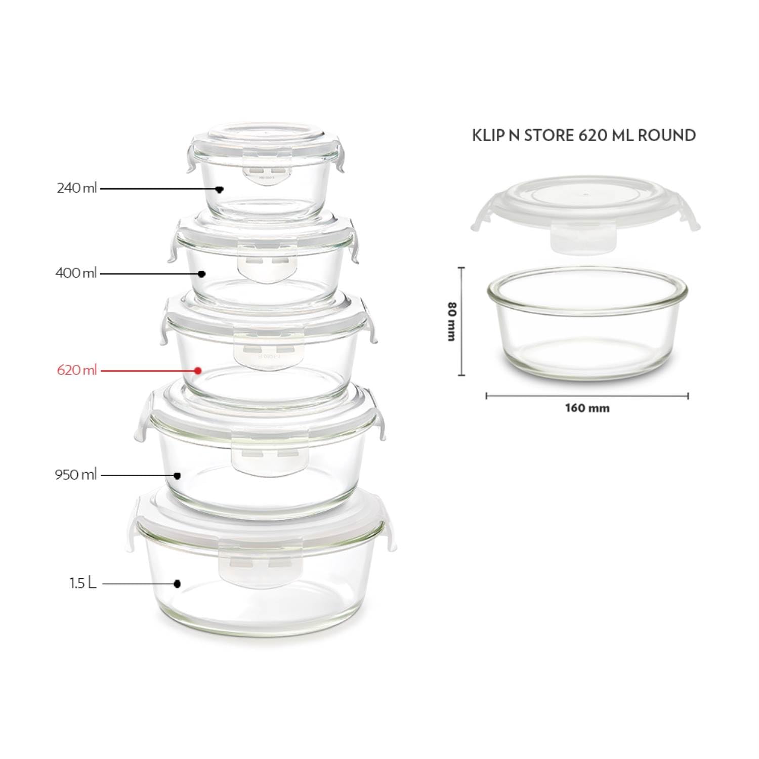 BOROSIL KLIP-N-STORE ROUND GLASS STORAGE CONTAINER WITH AIR TIGHT LID FOOD STORAGE CONTAINER MICROWAVE SAFE CONTAINER 620 ML