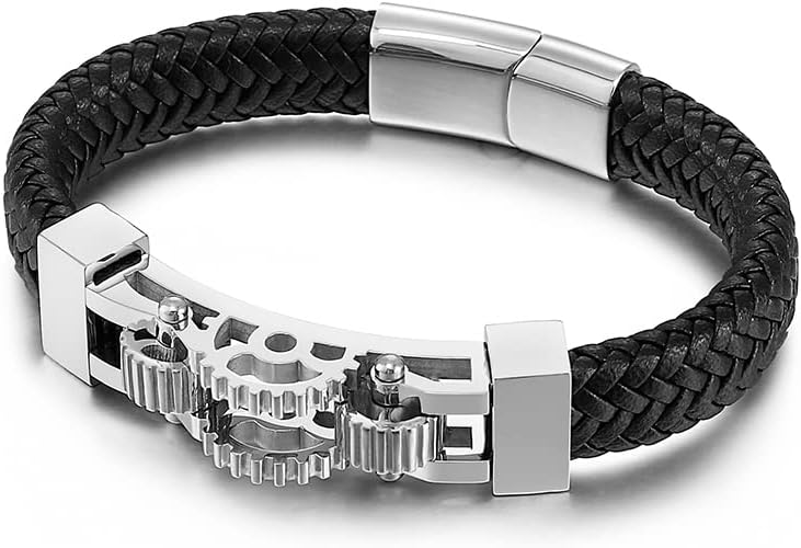 AC&L Mens Cog wheel Metallic Steel and Genuine Leather Bracelet - Gold - Silver - Gun Metal