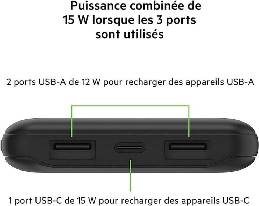 Belkin 10000mAh portable power bank, 10K USB-C portable charger with 1 USB-C port and 2 USB-A ports, battery pack for up to 15W charging for iPhone, Samsung Galaxy, AirPods, iPad, and more – Black