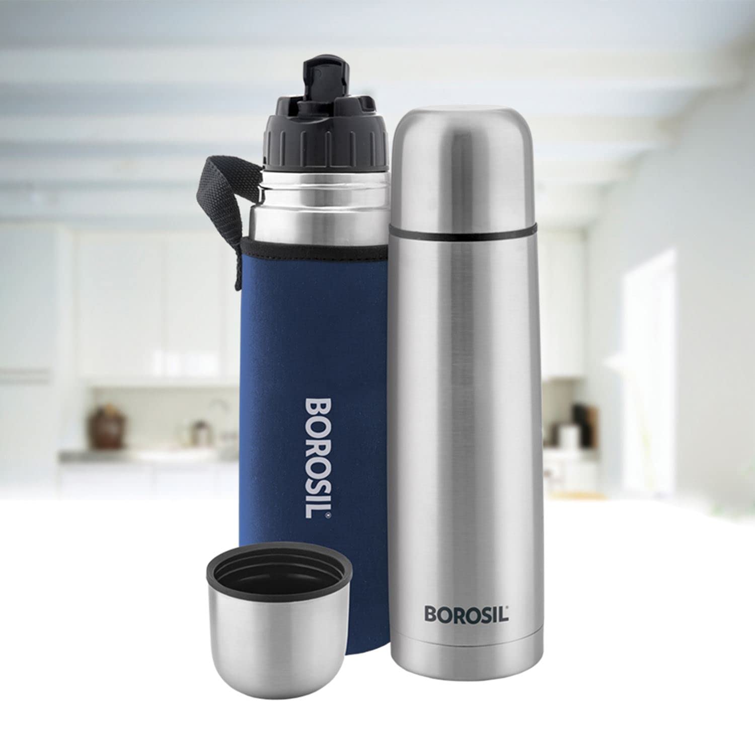 Borosil Stainless Steel Hydra Thermo Double Wall Copper Coated Inner Vacuum Insulated Flask with Blue Jacket |Water Bottle|Thermos|Sports Bottle|Yoga Bottle|Outdoor|Reusable Leak Proof 500 ml