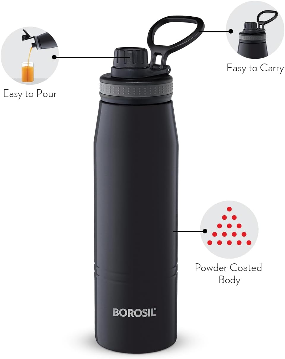 Borosil - Stainless Steel Hydra Gosports - Vacuum Insulated Flask Water Bottle, 900 ML, Black