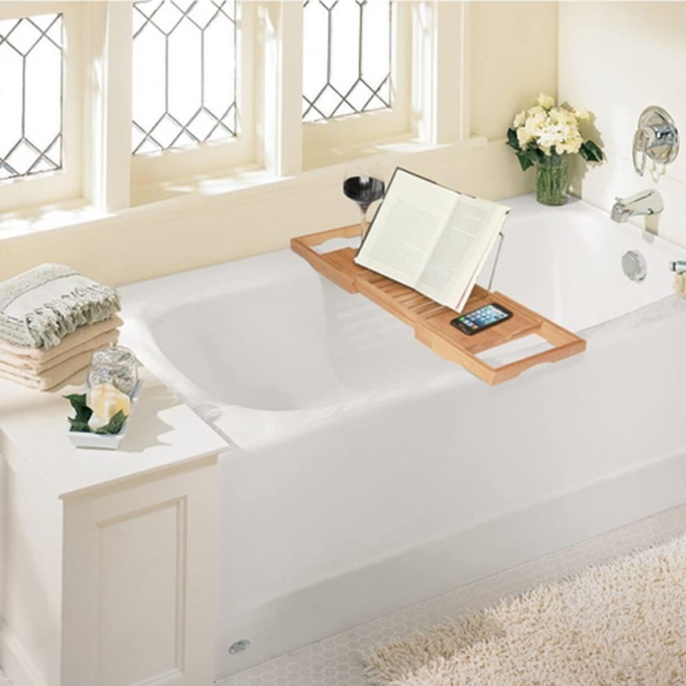 SKY-TOUCH Sky Touch Bathtub Tray Bamboo Bathtub Stand Holder Adjustable Bath Tray With Extendable Luxury Book Rest, Device Tablet, Kindle, Ipad, Smart Phone Tray For A Home Spa Experience, Yellow