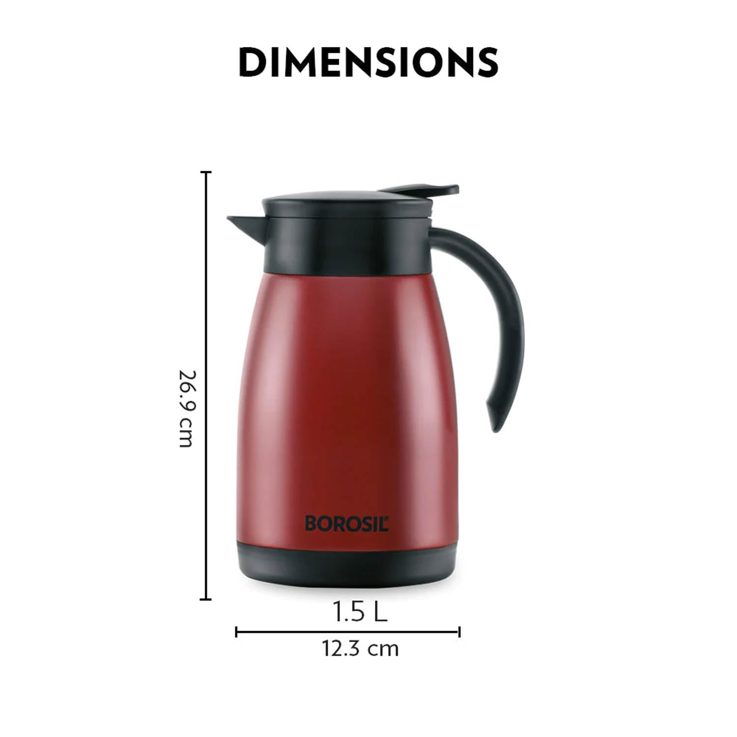 BOROSIL VACUUM INSULATED STAINLESS STEEL TEAPOT | TEA POT | THERMAL FLASK | THERMOS | CARAFE | JUG | COFFEE POT | FOR WATER, COFFEE, TEA | RED 1.5 LITER