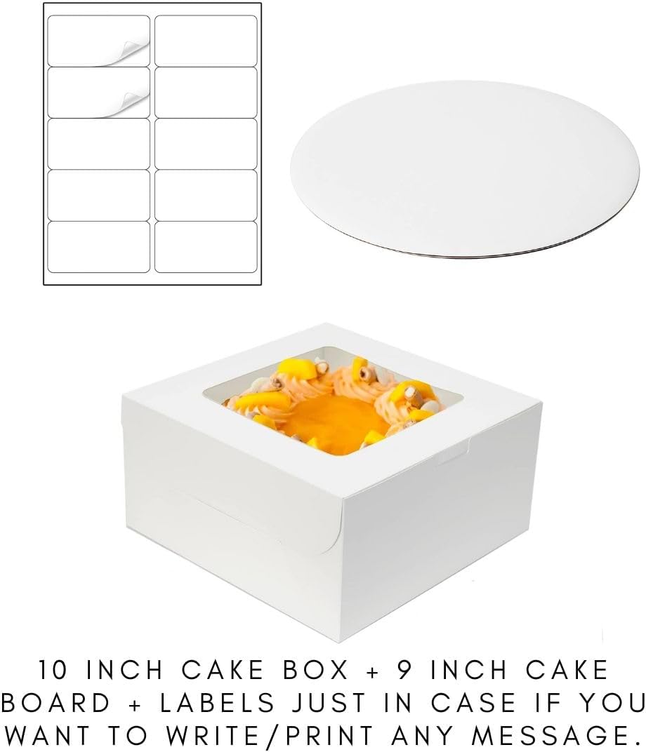 10 Inch Cake Box Easy Assembly With Top Clear Window (10 Inch Length x 10 Inch Width x 4.5 Inch Tall) With Silver 9 Inch Cake Board, Sturdy, Perfect for Carrying Cakes And Pastries - 1 Pack