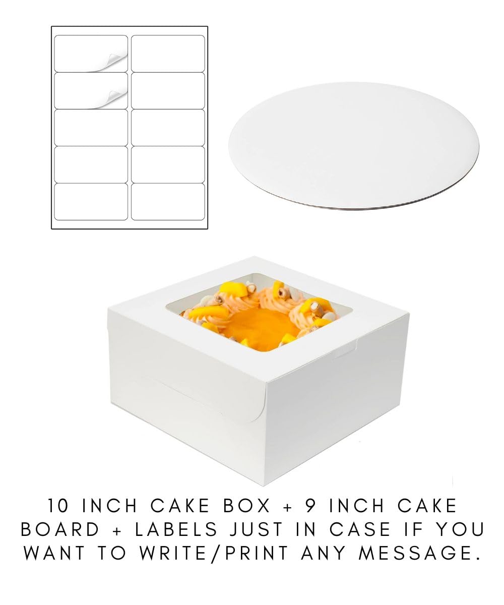 10 Inch Cake Box Easy Assembly With Top Clear Window (10 Inch Length x 10 Inch Width x 4.5 Inch Tall) With Silver 9 Inch Cake Board, Sturdy, Perfect for Carrying Cakes And Pastries - 1 Pack