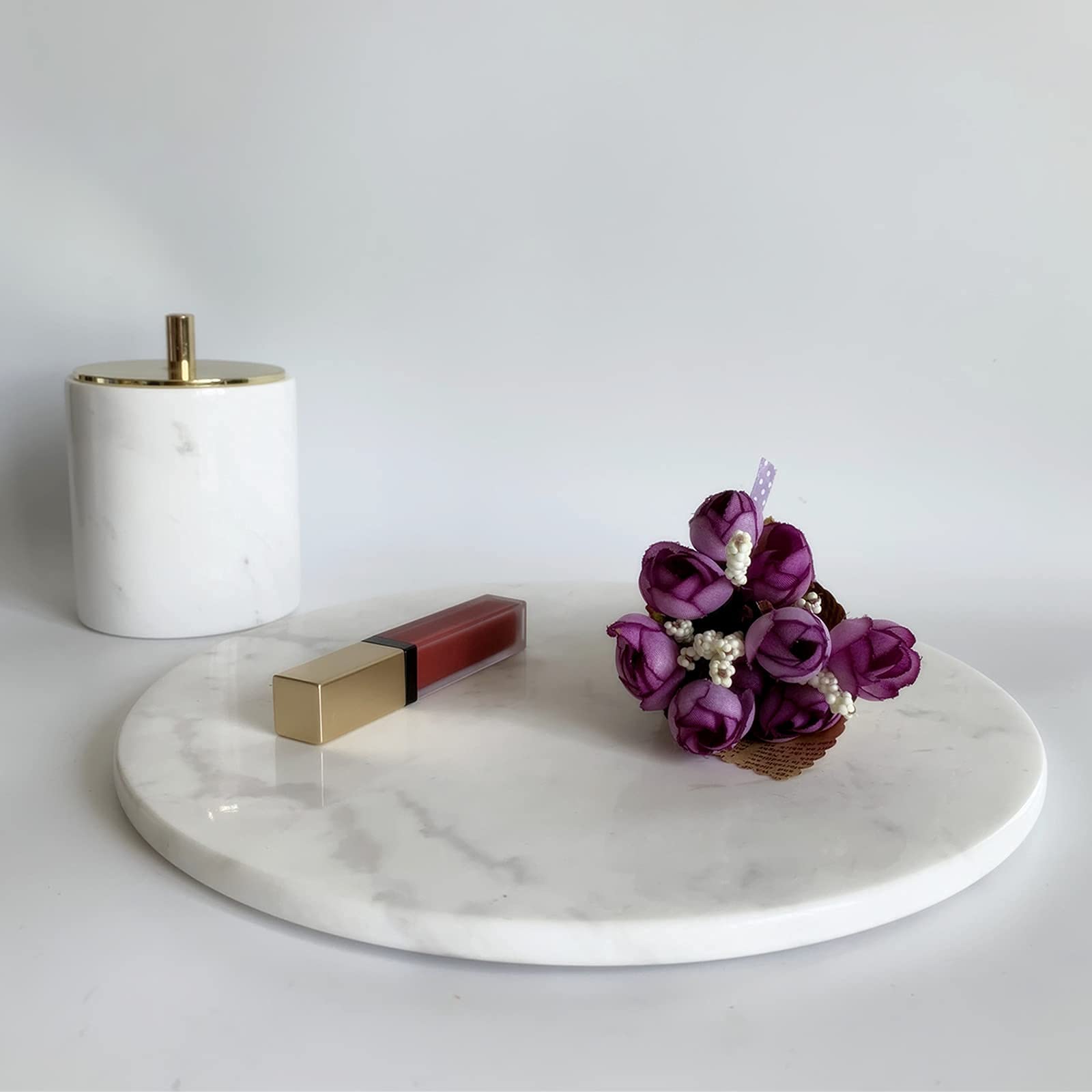 StonePlus Natural Round Marble Tray Glossy Pastry Board for Dessert, Cheese, Coffee, Smooth on Both Sides (Volakas White)