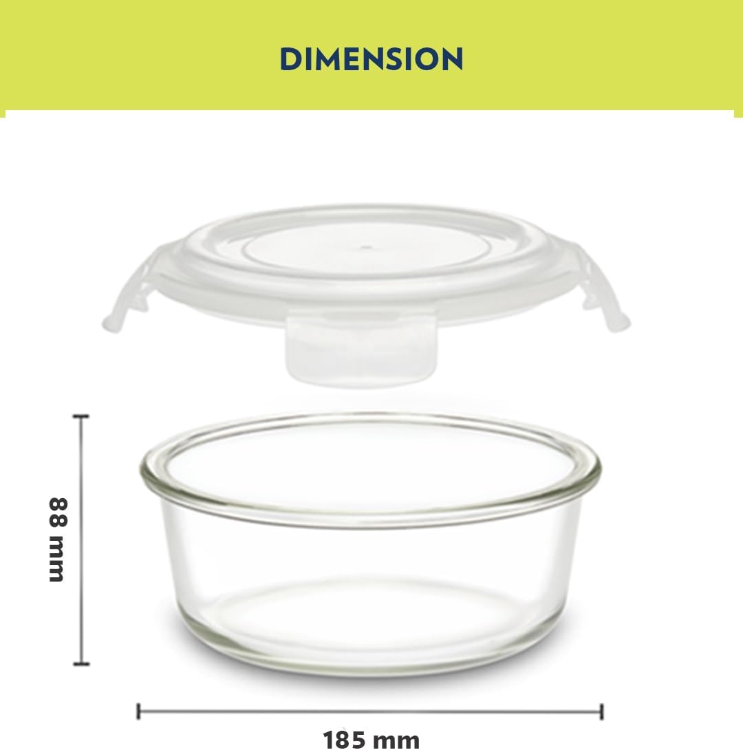 BOROSIL KLIP-N-STORE ROUND GLASS STORAGE CONTAINER WITH AIR TIGHT LID FOOD STORAGE CONTAINER MICROWAVE SAFE CONTAINER 950 ML