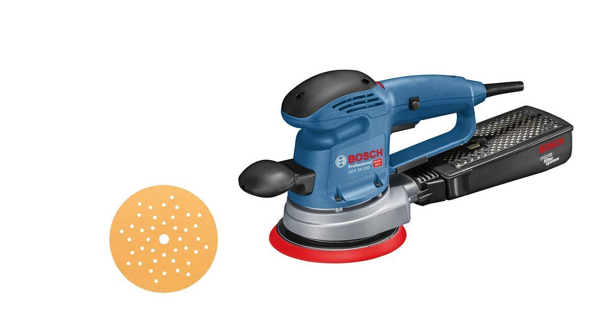 Bosch Professional 601372870 random orbit sander GEX 34-150 (240 V, incl. sanding disc dia. 150 mm, C470 sheet for wood, extraction adapter, in cardboard box)