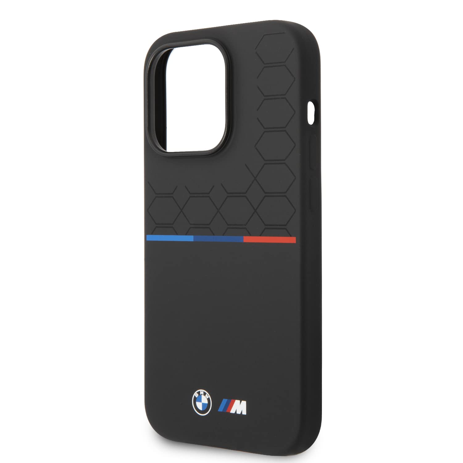 CG MOBILE BMW M Collection Magsafe Liquid Silicone Case Printed UV Varnish Pattern, Tricolor Line & Logo For iPhone 14 Pro - Black