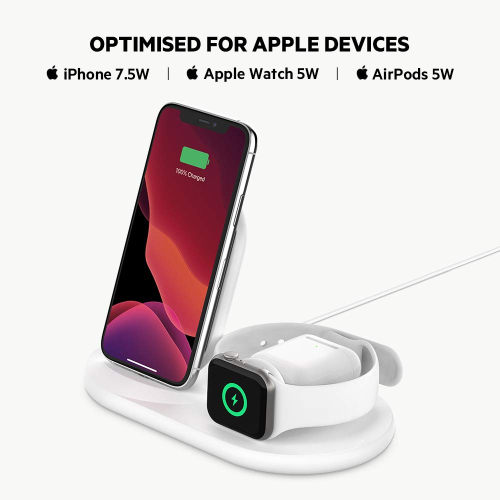 Belkin 3 in 1 Wireless Charging Station, 7.5W Wireless Charger for iPhone, Apple Watch and AirPods, Wireless Charging Dock, iPhone Charging Dock, iPhone 15, 14, 13, Apple Watch series 9, 8, 7 - White