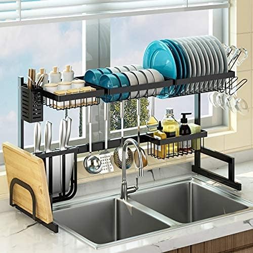 Sulfar Dish Drying Rack Over Sink, Drainer Shelf for Kitchen Supplies Storage Counter Organizer Utensils Holder Stainless Steel Display- Space Save Must Have (Black, Sink ? 33.5inch)