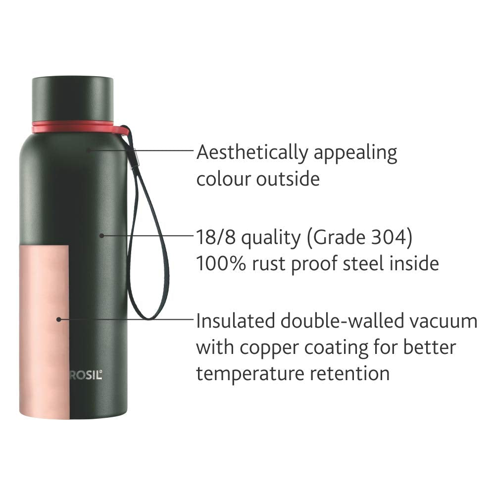 BOROSIL VACUUM INSULATED COPPER COATED INNER TREK Water Bottle|Sports Bottle|Yoga Bottle|Outdoor|PortableLeak Proof|ReusableWater Bottle GREEN, 850ML