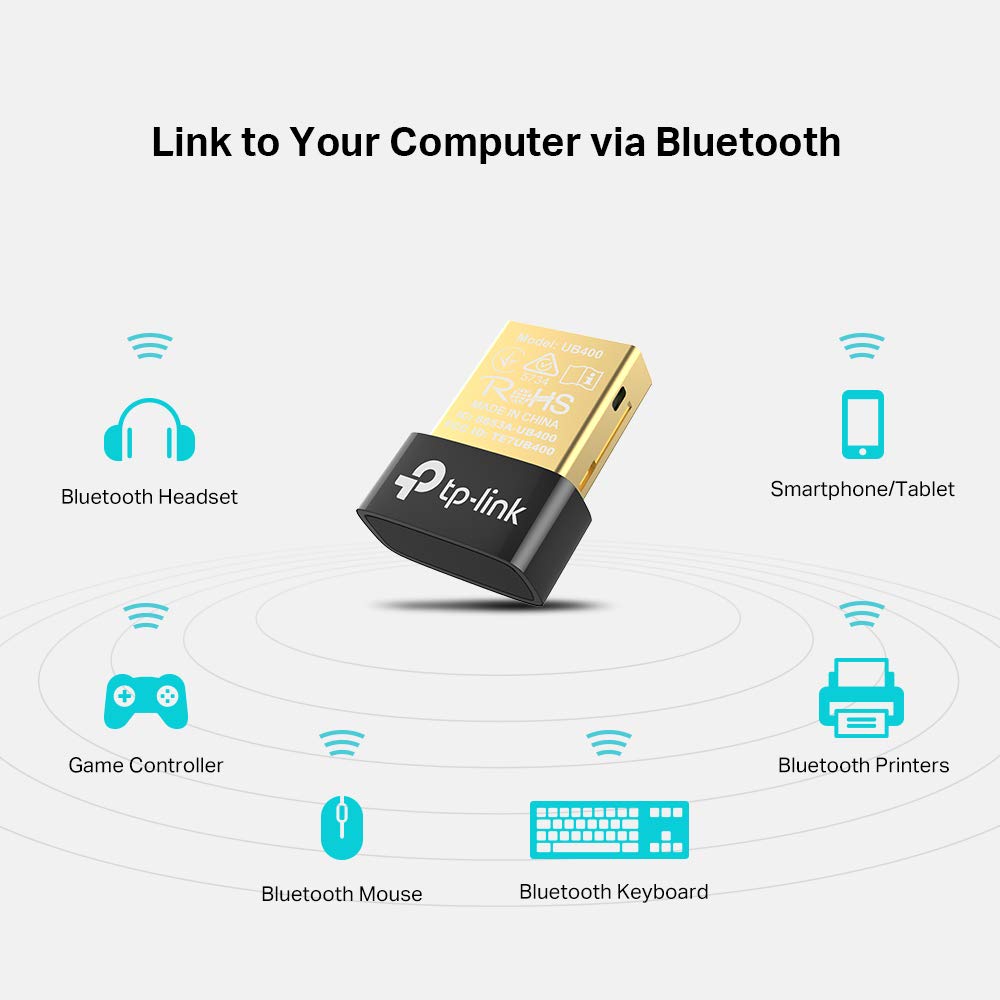 TP-Link UB400 USB Bluetooth Adapter for PC, 4.0 Bluetooth Dongle Receiver Support Windows 10/8.1/8/7/XP for Desktop, Laptop, Mouse, Keyboard, Printers, Headsets, Speakers, PS4/5, Xbox Controllers