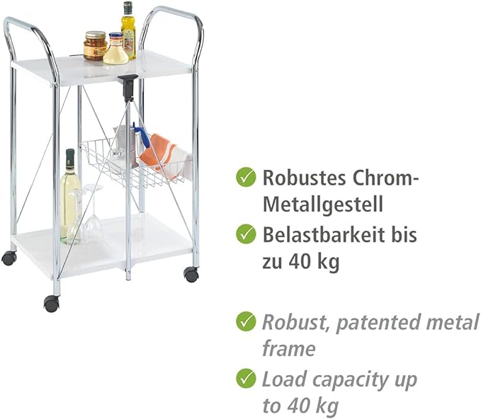 Wenko Sunny Foldable Kitchen and Utility Trolley, White, 60 x 90 x 44 cm