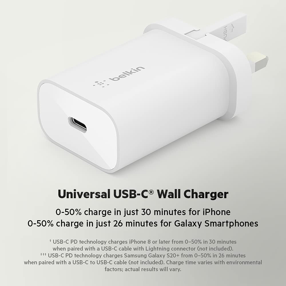 Belkin BoostCharge 25W wall charger with PPS, USB charger plug with USB-C Power Delivery, fast phone charger or a travel USB plug for iPhone 16, 15, Samsung Galaxy S24, iPad, Pixel, tablets and more