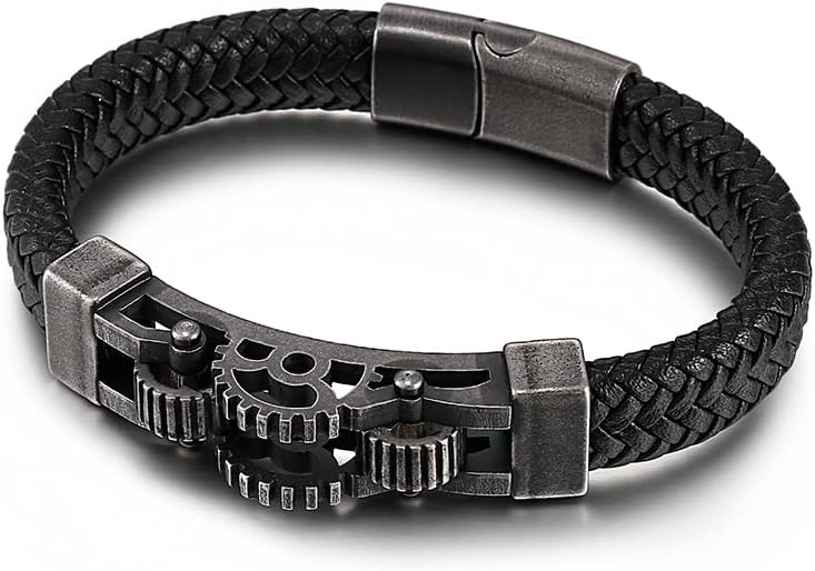 AC&L Mens Cog wheel Metallic Steel and Genuine Leather Bracelet - Gold - Silver - Gun Metal