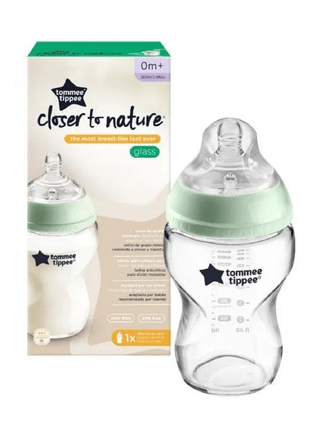 Tommee Tippee Pack Of 1 Closer To Nature Glass Baby Bottle Slow Flow Breast-Like Teat With Anti-Colic Valve For 0 Months+, Clear