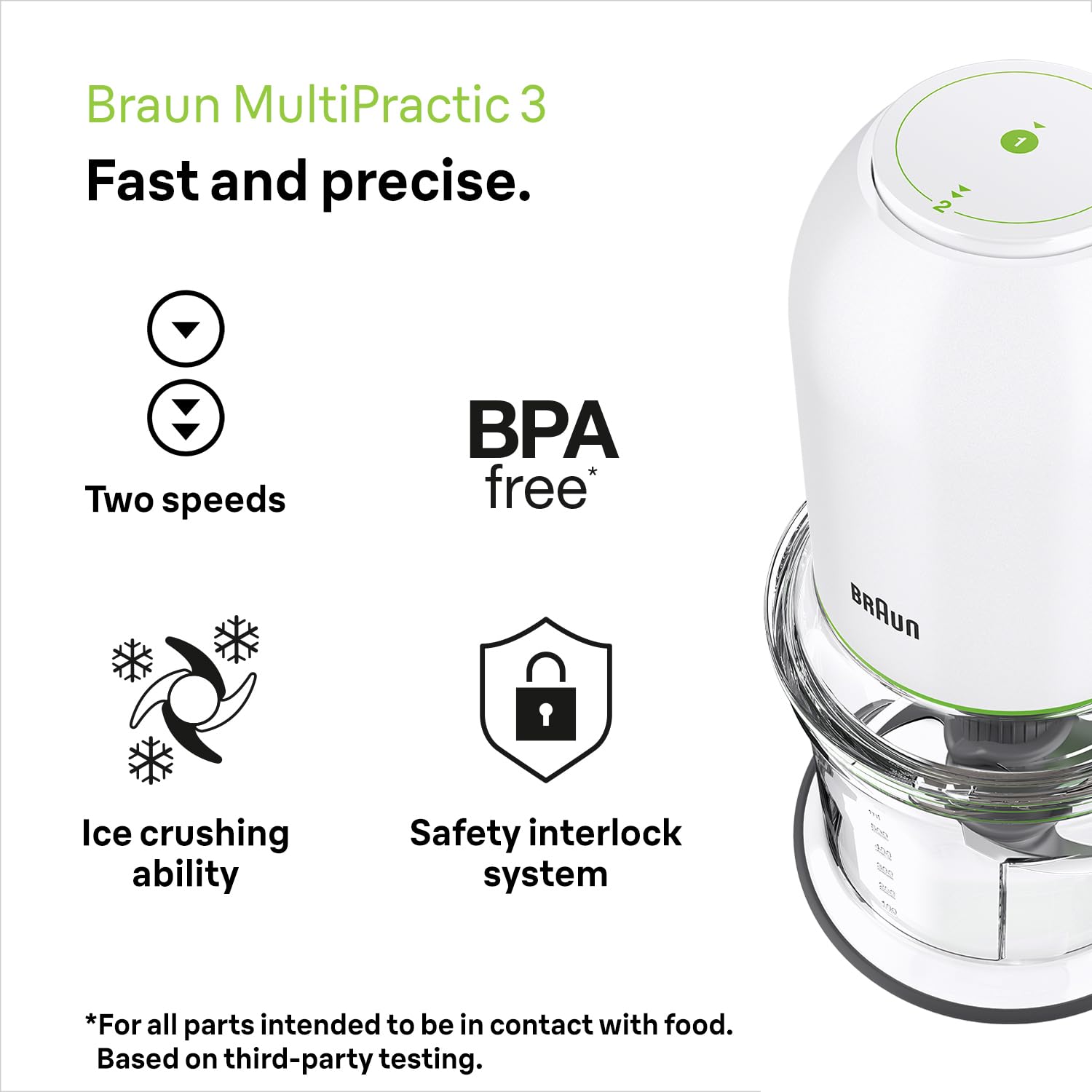 Braun MultiPractic 3 Chopper and Mincer | 2 Speed | 500 Watts | 500ml Bowl Capacity | Quad Blade System for Chopping | Ice Crushing | Mincing | Grinding | Pureeing - CH 3011 - White