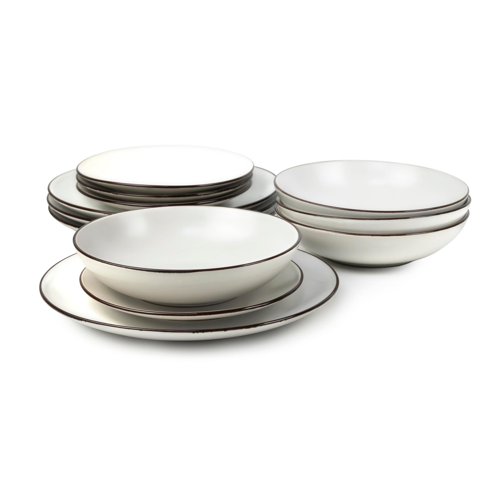 Bone China 11-Piece Stoneware Dinnerware Set - Elegant Ceramic Crockery for 4 - Includes 26cm Dinner Plate, 20cm Salad Plate, and 20cm Bowl with Color Rim