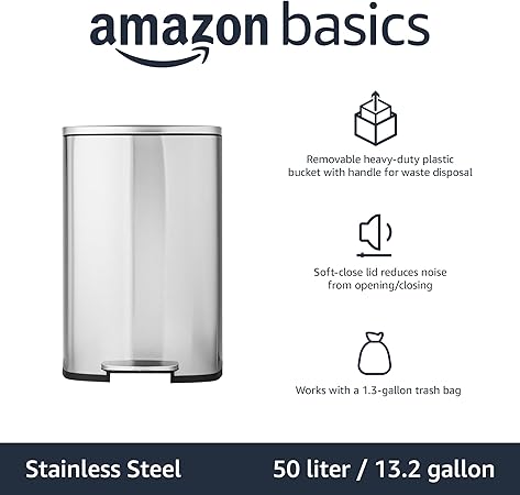 Amazon Basics Smudge Resistant Rectangular Trash Can With Soft-Close Foot Pedal, Brushed Stainless Steel, 50 Liter/13.2 Gallon, Satin Nickel Finish