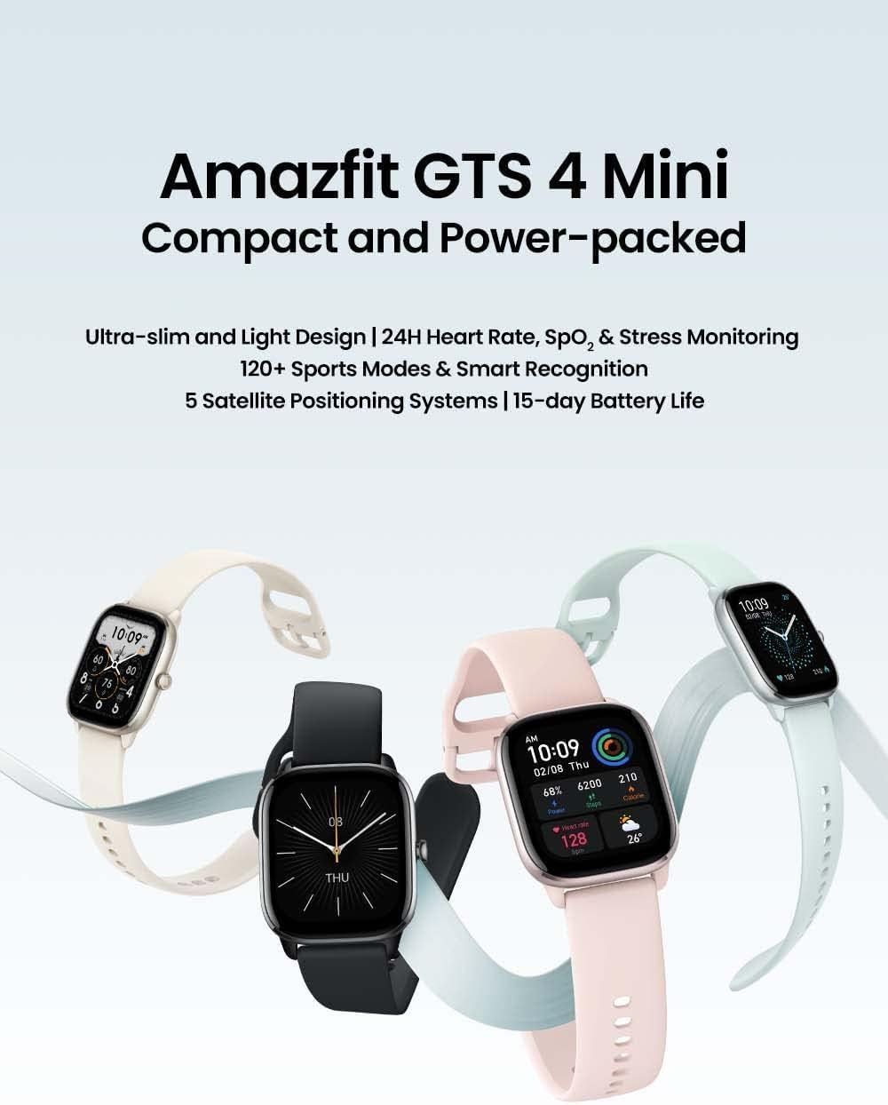 Amazfit GTS 4 Mini Smart Watch Ultra Slim 1.65-inch AMOLED Display | 24H Health Management | GPS | 5 ATM Water Proof | 15 Days Battery Life - White, STANDARD, Bluetooth, USB