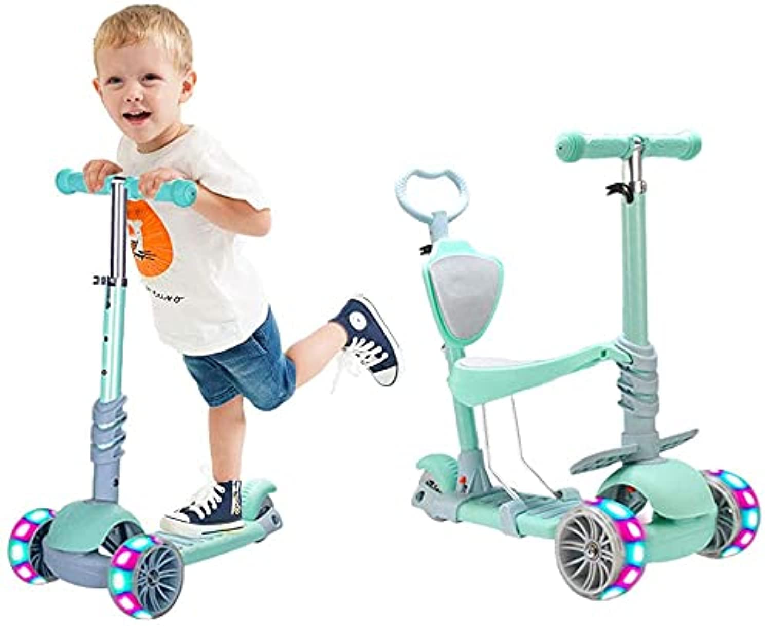 SHINEDOWN Kids 3 Wheel Scooter,Adjustable Height Kids Scooter,Lean to Steer with Extra-Wide PU LED Light Up Wheels,For Boys & Girls from 2 Years Old and Up (Green with Handle)