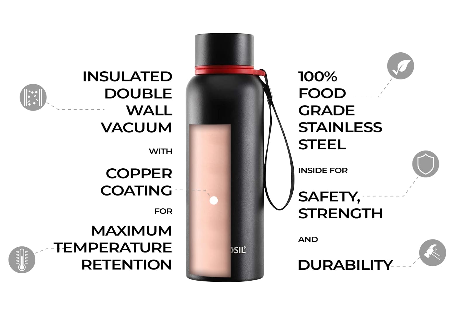 BOROSIL VACUUM INSULATED COPPER COATED INNER TREK Water Bottle|Sports Bottle|Yoga Bottle|Outdoor|PortableLeak Proof|ReusableWater Bottle BLACK, 850ML, BT850BLK102