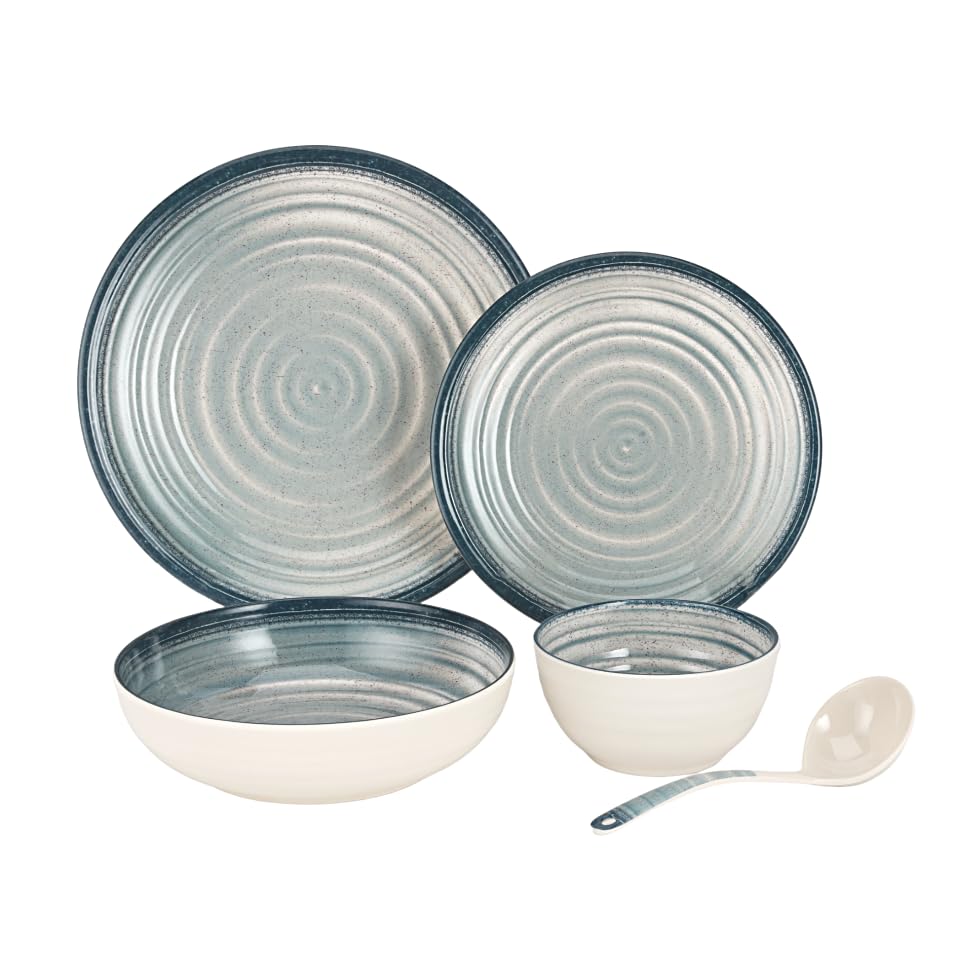 Royalford 20pcs Melamineware Dinner Set RF12512 Includes Dinner and Side Plates, Serving and Rice Bowls and Ladle Dishwasher-Safe and Freezer-Friendly