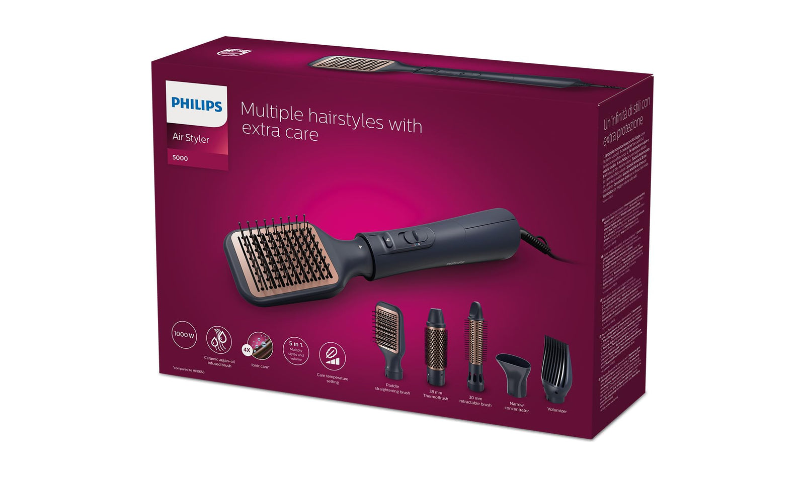 Philips 5000 Series Air Styler for Drying & Styling in one-go, from wet to dry styling with ionic care and argan-oil infused brush, 5 attachments, Black - BHA530/03