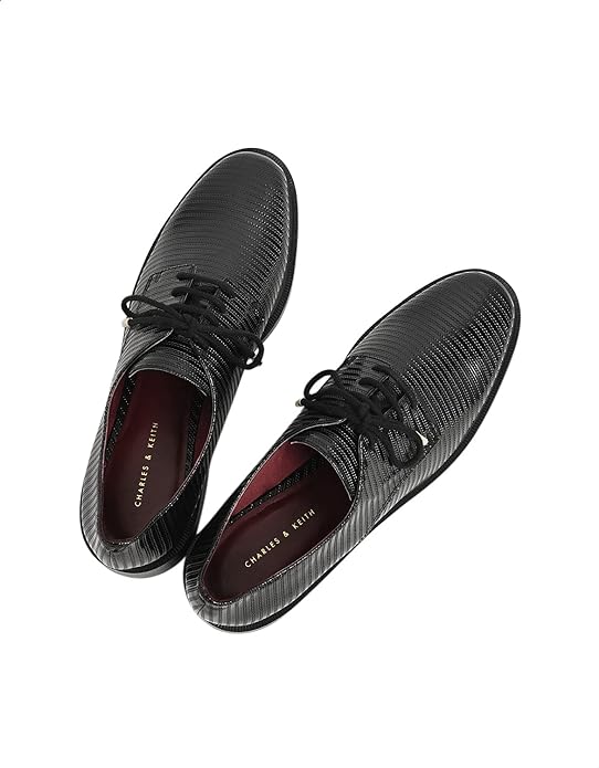 CHARLES & KEITH Lace-up Heeled Pebbled Faux Leather Derby Shoes for Women