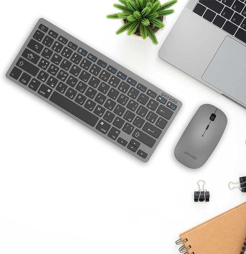 Super Slim Wireless Portable Bluetooth Keyboard with Mouse by Porodo (English/Arabic) 800-1600 DPI, Ultra-Thin Lightweight Compatible for Windows,Android and Tablets - Gray