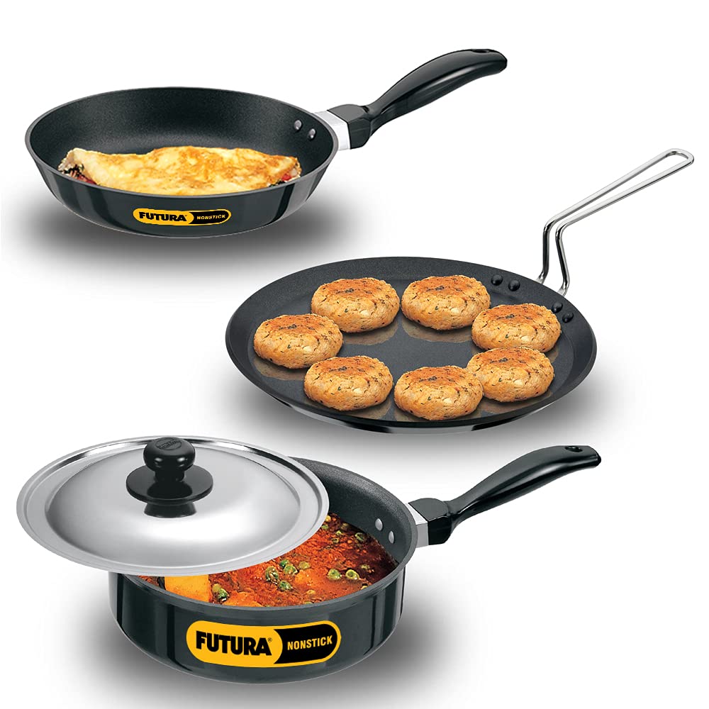 Hawkins Futura Nonstick Cookware Set No 1 (Flat Tawa, Frying Pan, Curry Pan (Saute Pan), Black