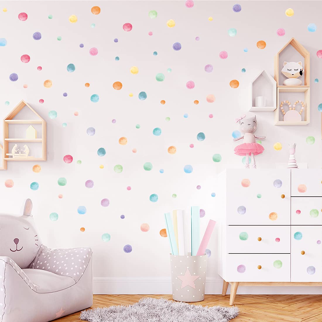 123 Pcs Watercolor Polka Dots Wall Stickers, Colorful Round Wall Decal, Peel and Stick Rainbow Wall Stickers, Multicolor Circle Window Clings Decoration for Nursery Kids Bedroom Classroom Wall Decor