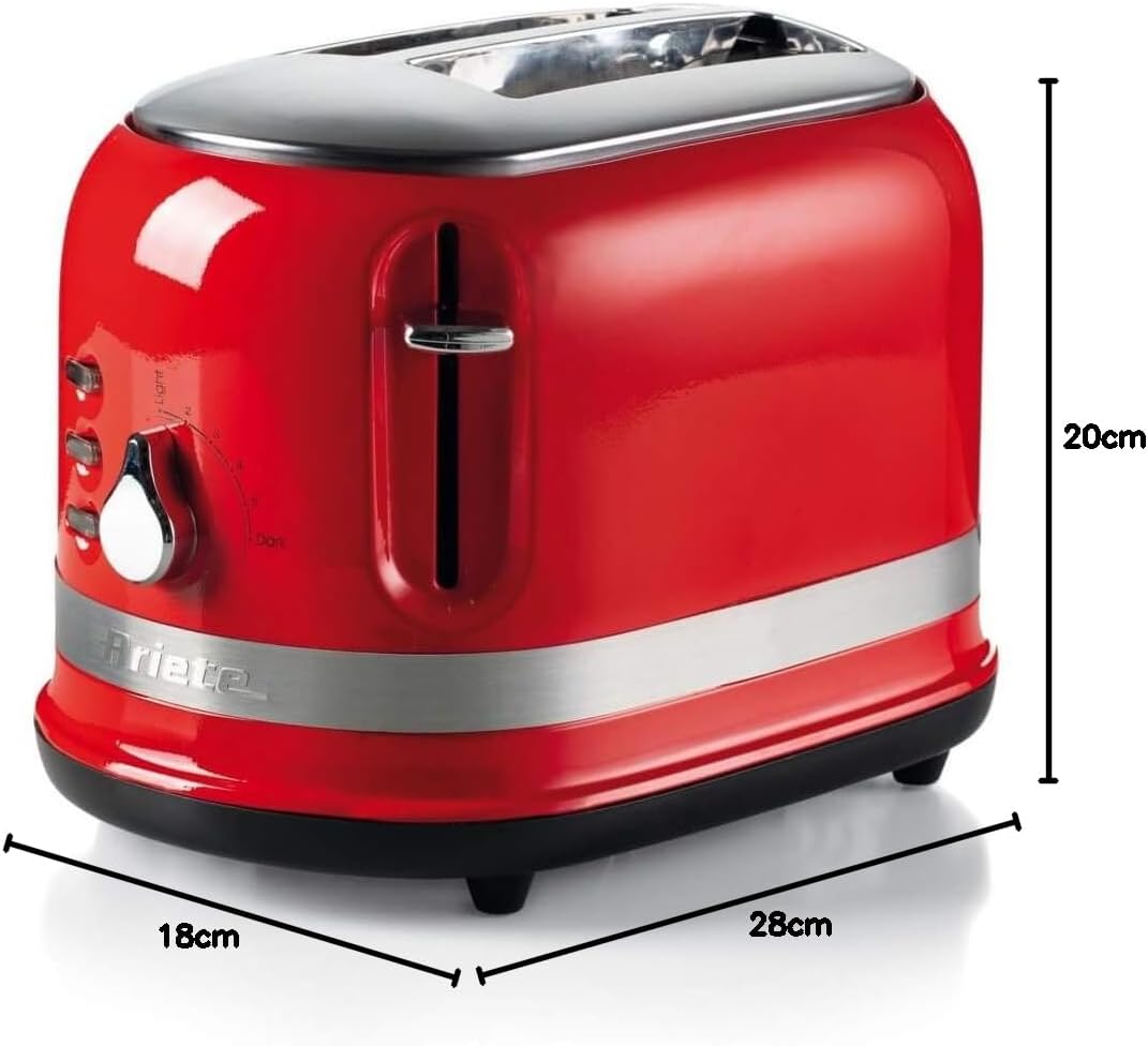 Ariete Moderna 2 Slice Toaster with Sandwich Cages, 800W, Auto Eject, Crumb Tray, Defrosting and Reheating Functions, 6 Browning Levels, Cord Wrap, Metal Body - Red ART149