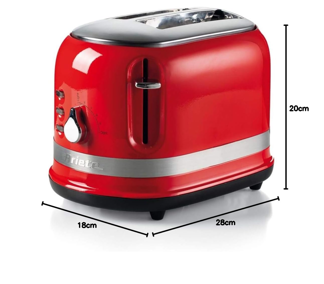 Ariete Moderna 2 Slice Toaster with Sandwich Cages, 800W, Auto Eject, Crumb Tray, Defrosting and Reheating Functions, 6 Browning Levels, Cord Wrap, Metal Body - Red ART149