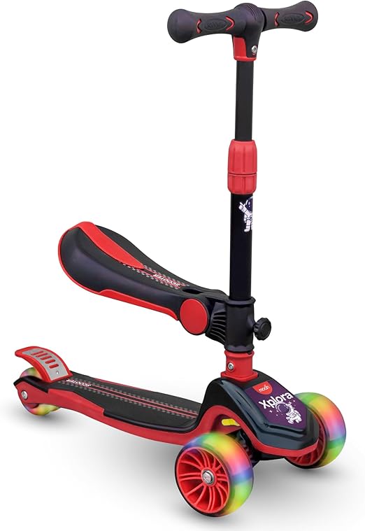 MOON Xplora Baby/Kids 3 Wheel-Scooter Outdoor & Sports Scooter Toy with Seat LED Light Up Wheels Height Adjustable Handle Suitable from 3Years+ Holds Upto 50Kg - Red and black.