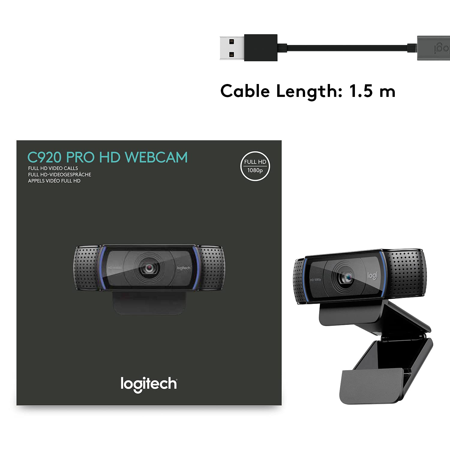 Logitech C920 Widescreen HD Pro Webcam Black, 960-000764, Logitech HD Pro Webcam C920 Video Calling and Recording 1080p Camera