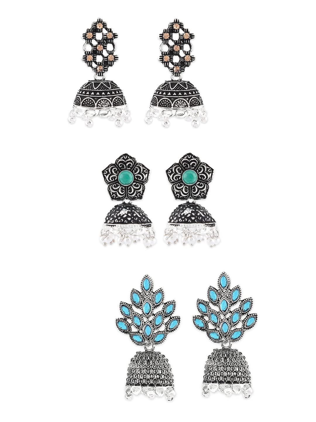 ZAVERI PEARLS Combo Jhumkis For Women (Silver) (Zpfk6280)
