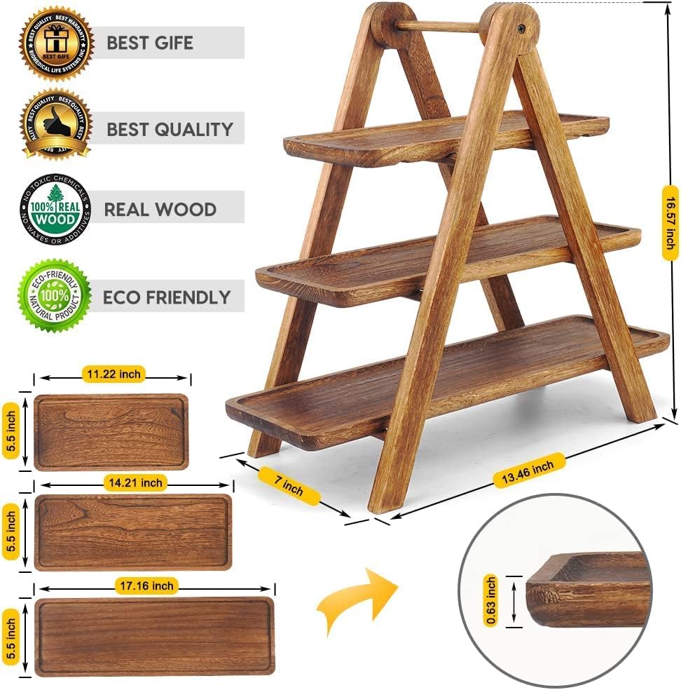 AMERTEER Wood 3 Tier Serving Tray, Three Tiered Cupcake Stand, Rectangle Serving Platter Wooden Farmhouse, Wood Party Serving Trays Fruit Cupcake Stand Cheese Board Platter Brown Decorative Tray Decor