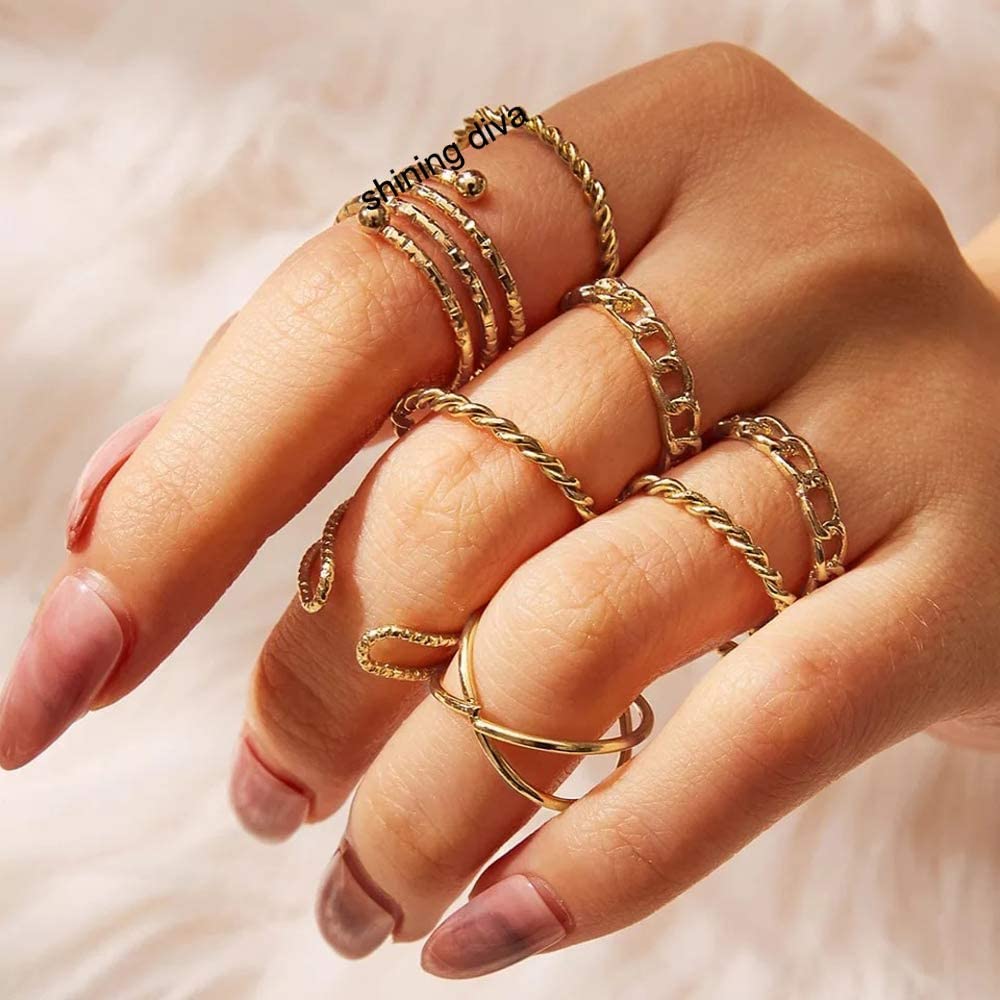 Shining Diva Fashion Metal Alloy Boho Midi Finger Crystal Rings for Women - Set of 8 (11811r)