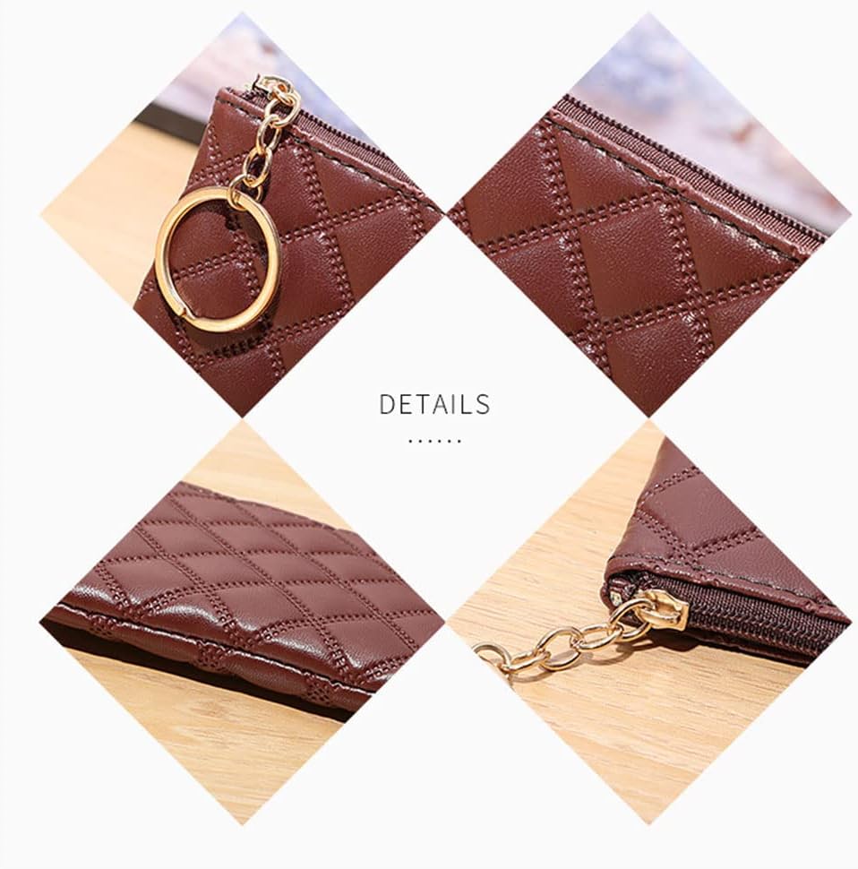 Premium Genuine Full Grain Leather Mini Coin Purse Keychain Pouch for Men  Women - Small Quilted Blocking Top Zipper Wallet with Key Chain