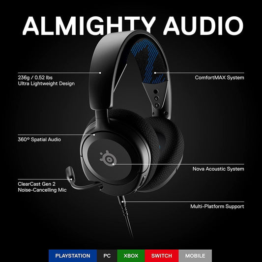 SteelSeries Arctis Nova 1P for PlayStation - PS5 Gaming Headset - Hi-Fi Drivers - 360° Spatial Audio - AirWeave Memory Foam Ear Cushions - Lightweight - Also compatible with PC, Xbox, Switch - Black