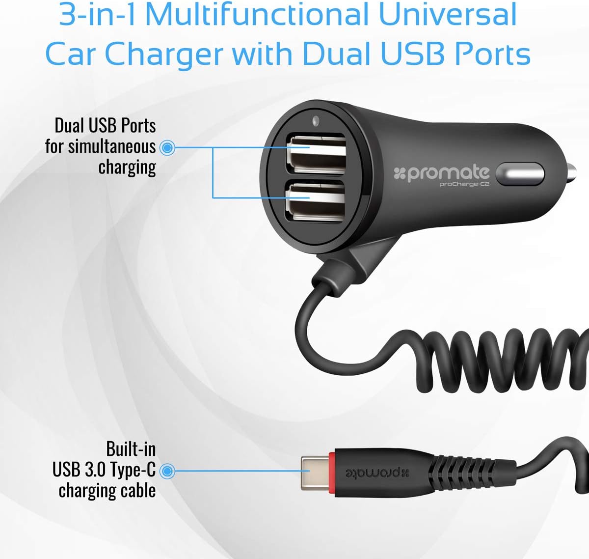 Promate Ultra-Fast 3.4A Dual USB Car Charger, Procharge-C2