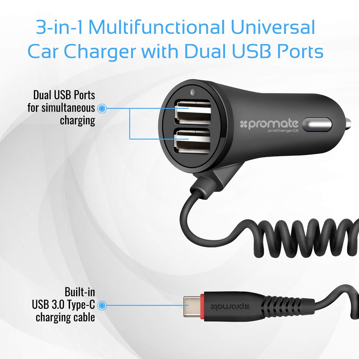 Promate Ultra-Fast 3.4A Dual USB Car Charger, Procharge-C2