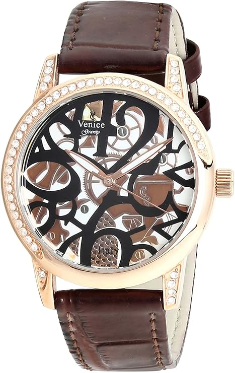 Venice V8086-IPR-C Crocodile embossed Leather Stones embellished Bezel Round Analog Watch for Women - Brown