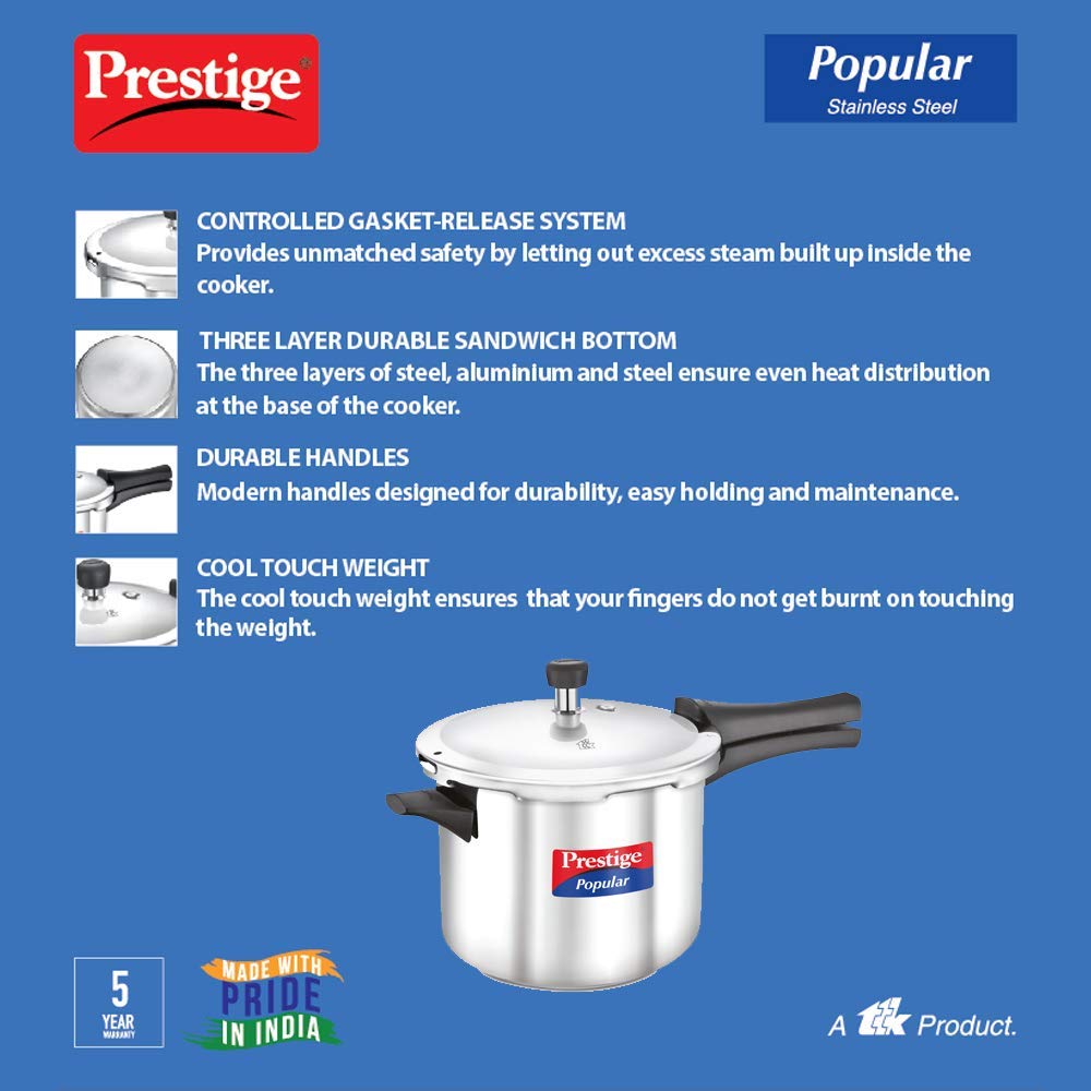 Prestige Popular 5 Ltr Pressure Cooker|Stainless Steel Induction Compatible Cooker|4.5 mm Thick Alpha Base|Sturdy Handles MPP20652 Silver