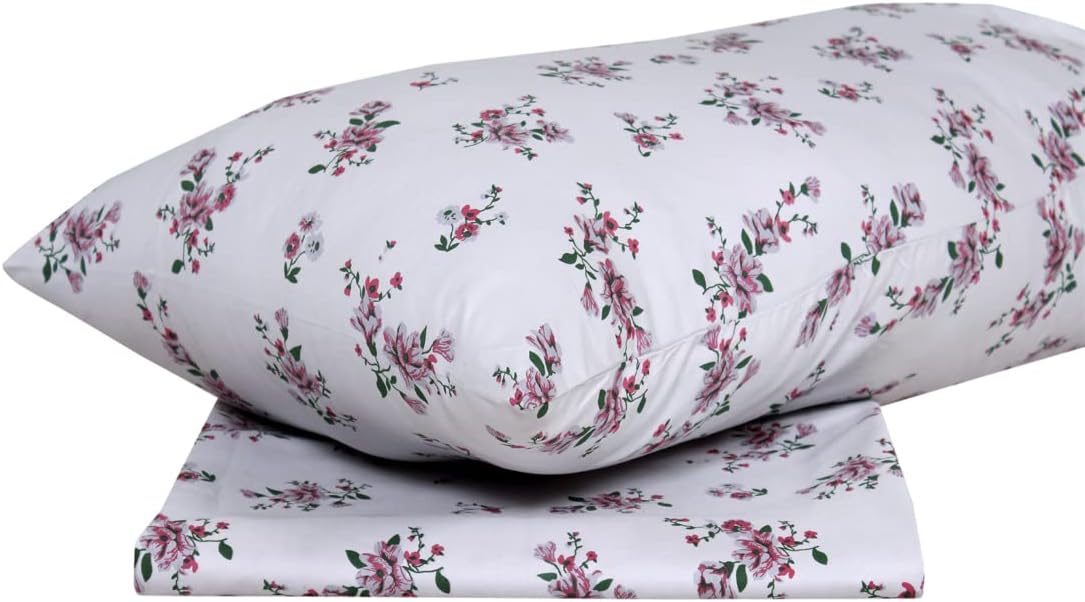 Home Town Floral Printed 250 Tc Single White Fitted Sheet,50X80+15Cm