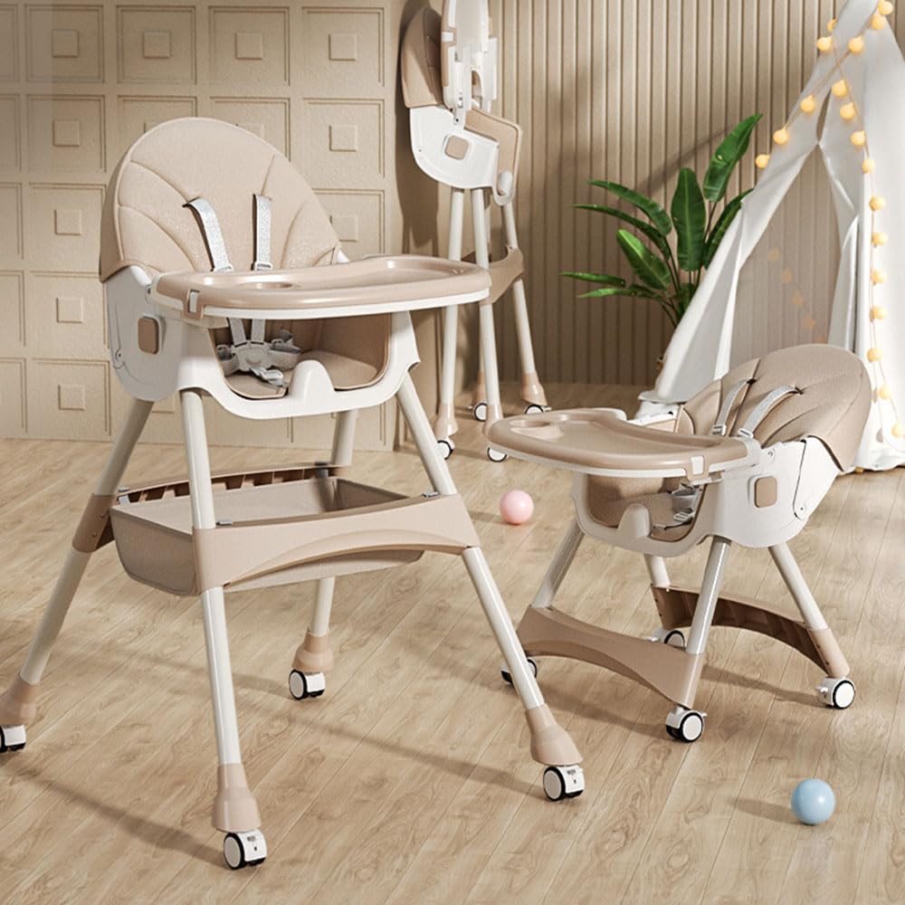 2-1 Baby High Chair, Foldable Infant Dining Chair Rocking Chair, Multifunctional Toddler Kids Feeding Chair, 3Gears Adjustable Recliner Chair with Eating Food Tary & 360° Wheels (Khaki)